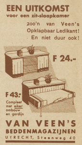 717342 Advertentie van Van Veen, Beddenmagazijnen, Steenweg 40 te Utrecht, voor 'van Veen's opklapbaar ledikant'.